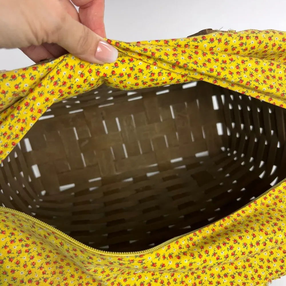 Vintage Woven Wood Picnic Basket Yellow Floral Zip Fabric Cover Cottagecore MCM